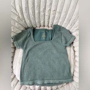 Square Neck Ribbed Short Sleeve Top - Sage Green